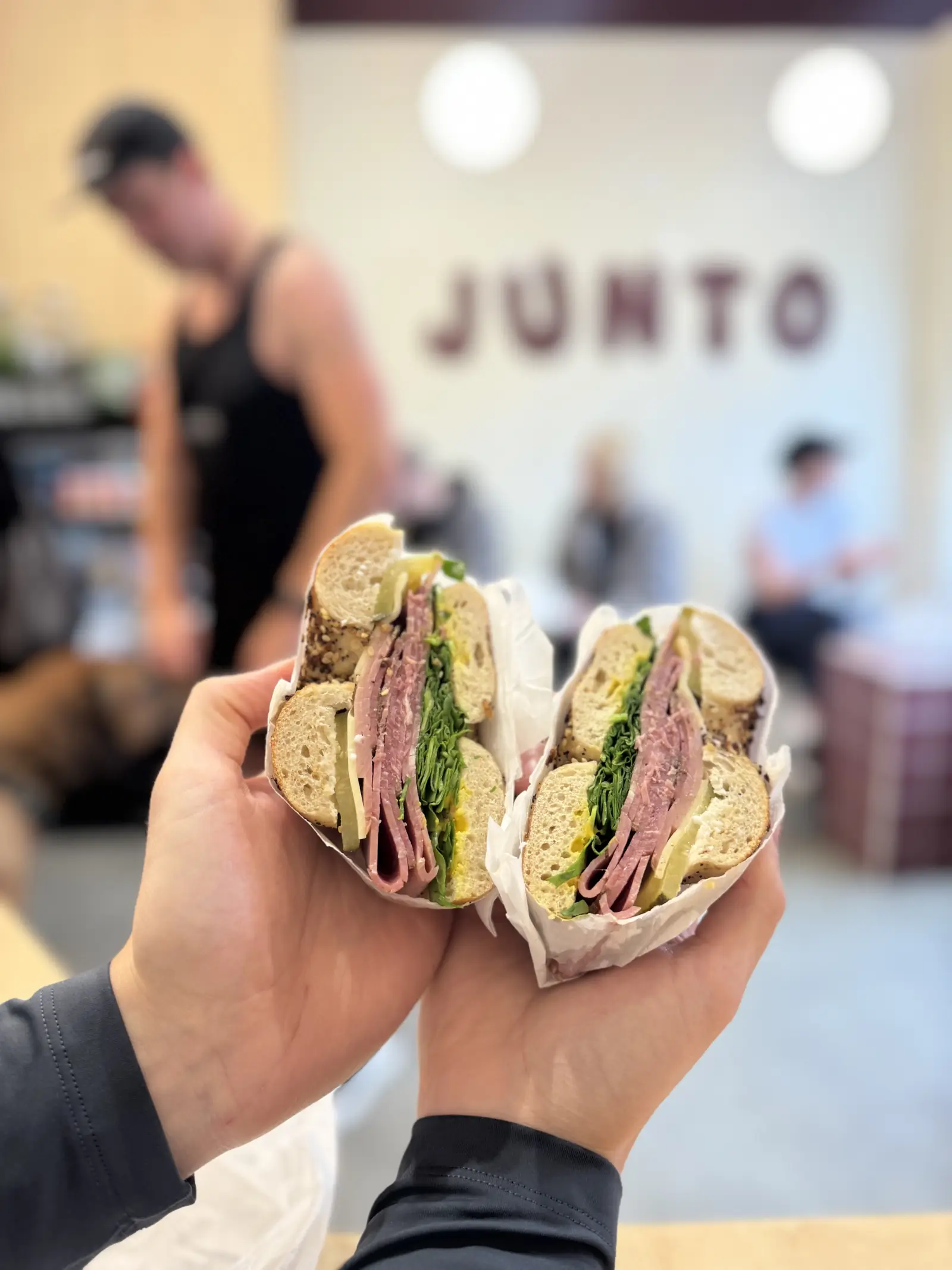 A pastrami bagel from the Junto counter.